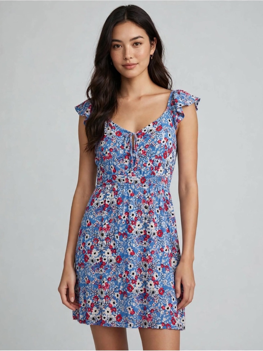 As U Wish Blue Floral Tie-Front Mini Dress